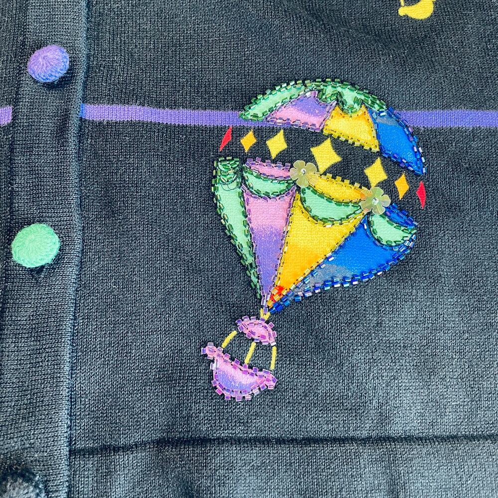 Vintage Terazzo Black Embroidered Colorful Sequin Hot Air Balloons Cardigan M - Picture 5 of 13